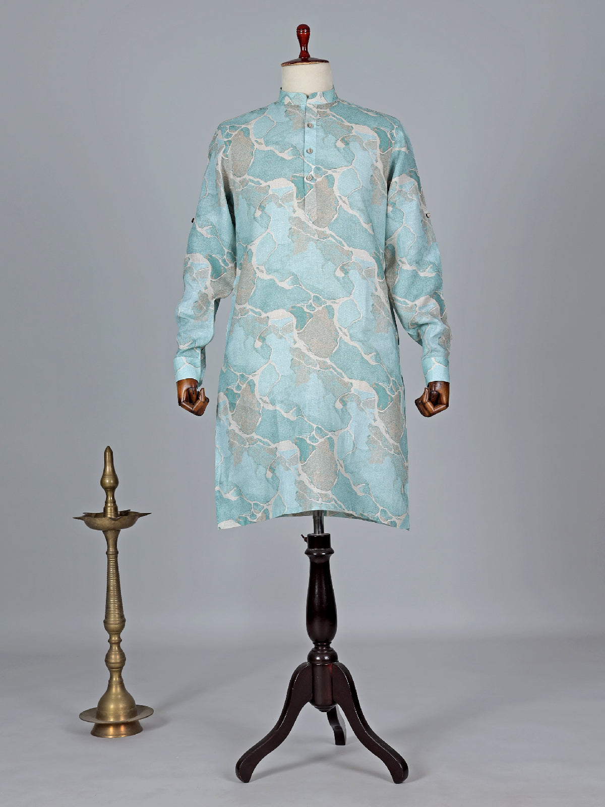 Printed cotton silk sky blue kurta suit