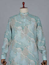 Printed cotton silk sky blue kurta suit