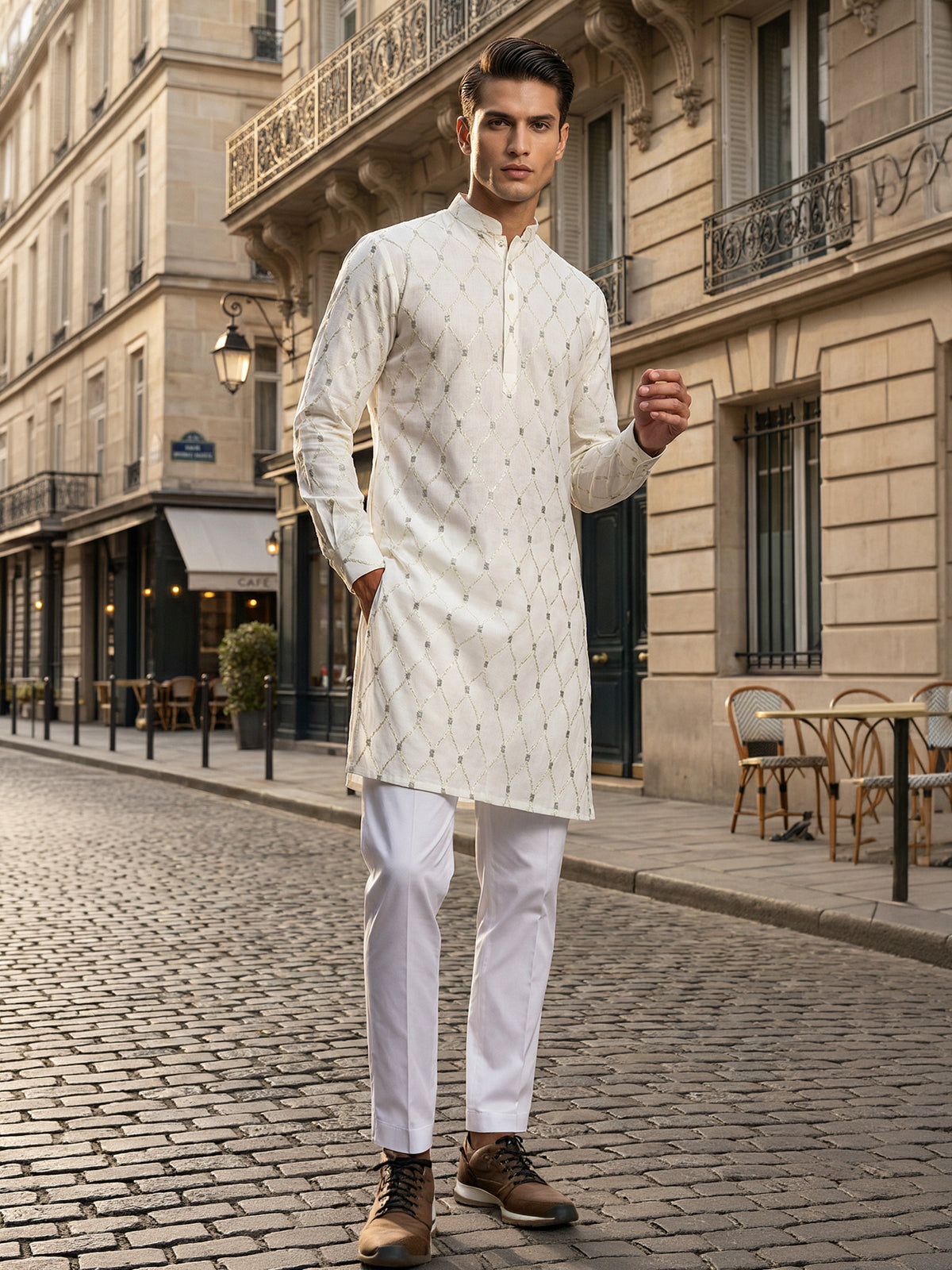 Pista green cotton embroidery kurta suit for mens