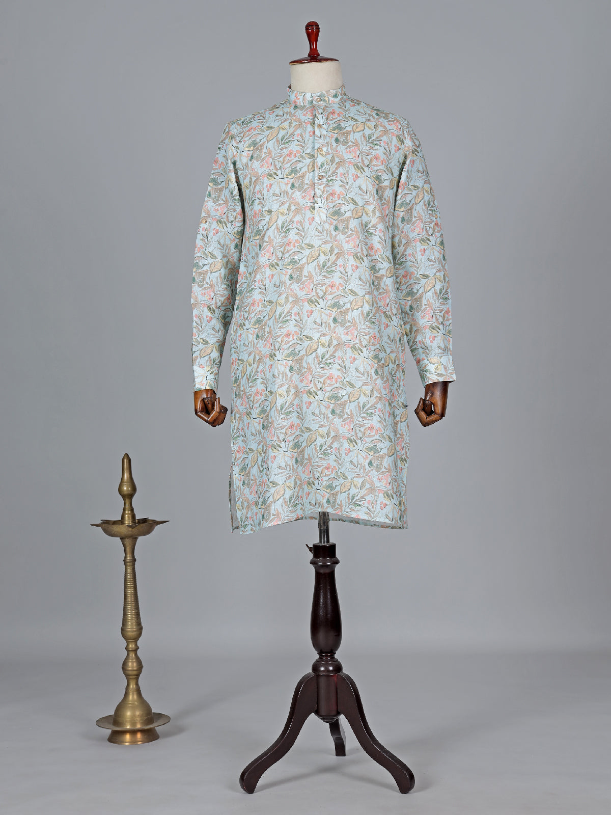 Leaf printed cotton sky blue kurta suit