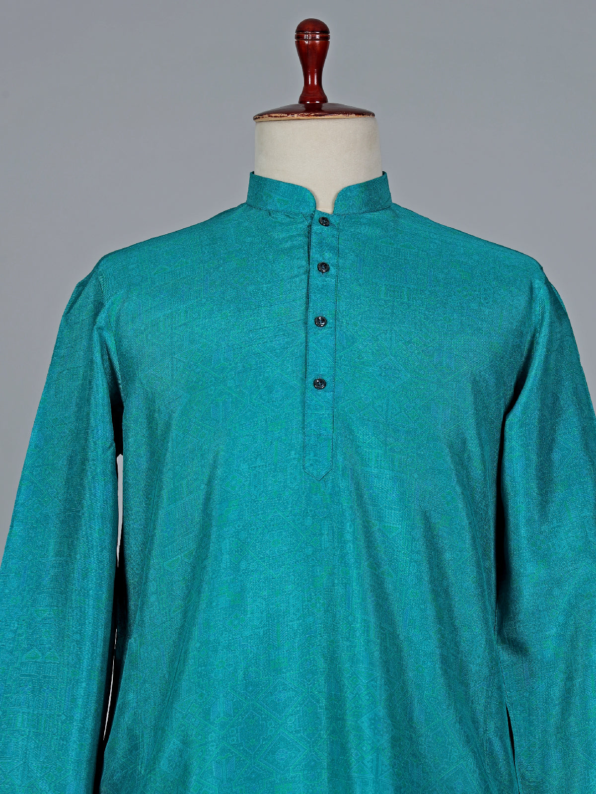 Light printed rama blue silk kurta suit