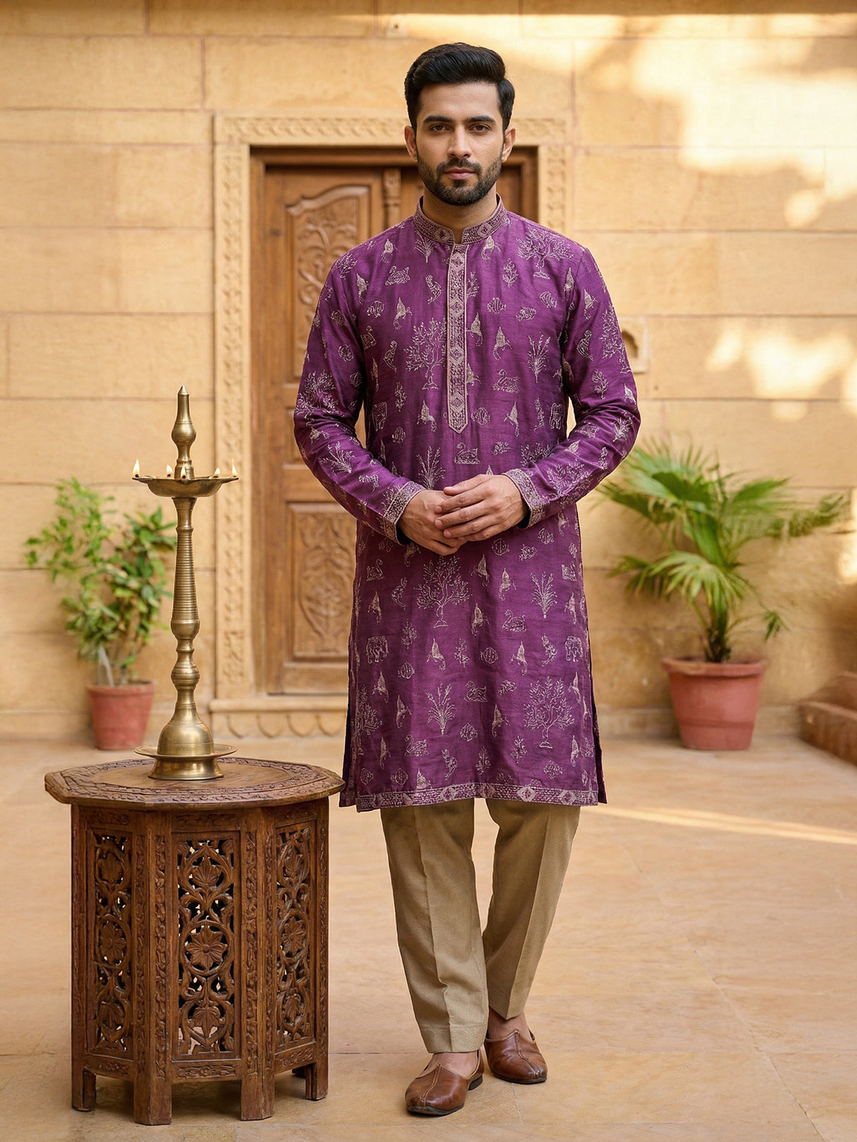 Wine raw silk embroidery kurta suit