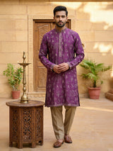 Wine raw silk embroidery kurta suit