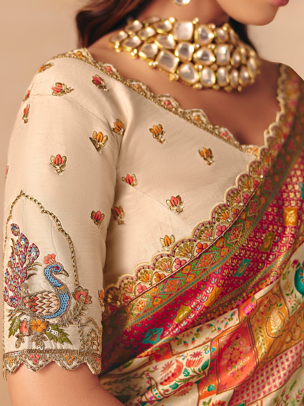 Cream peacock elephant woven motif banarasi silk attire
