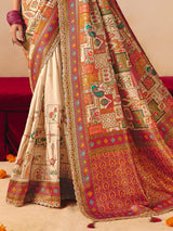Cream peacock elephant woven motif banarasi silk attire