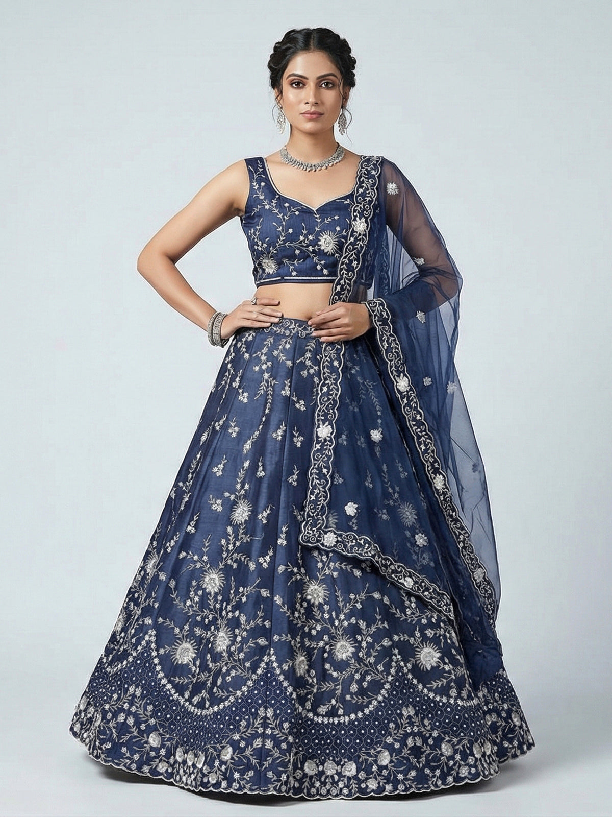 Navy raw silk pearl embellished lehenga choli