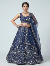 Navy raw silk pearl embellished lehenga choli