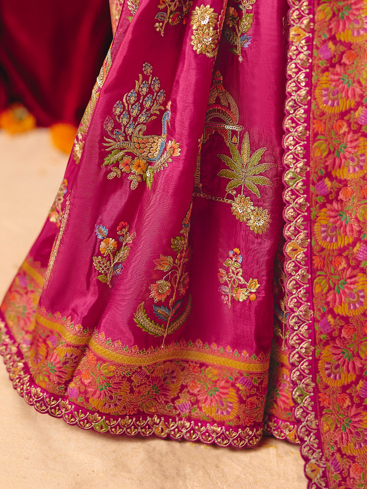 Magenta pink lotus peacock motif banarasi silk treasure
