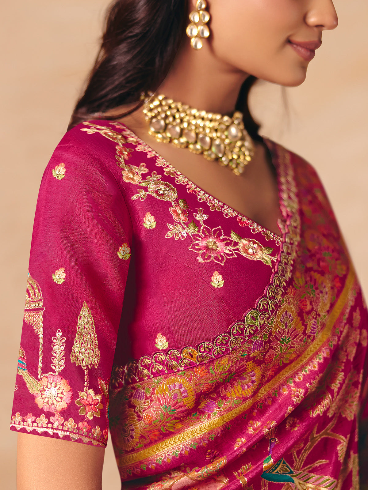 Magenta pink lotus peacock motif banarasi silk treasure