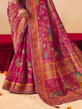 Magenta pink lotus peacock motif banarasi silk treasure