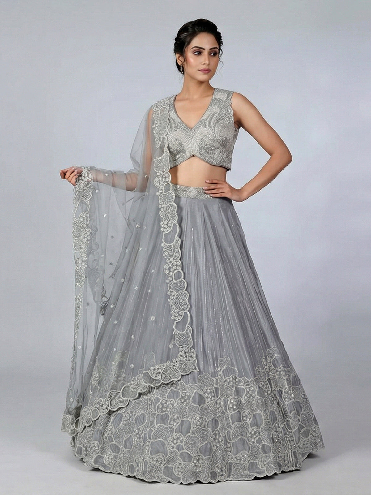 Grey satin silk embroidered lehenga choli