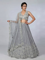 Grey satin silk embroidered lehenga choli