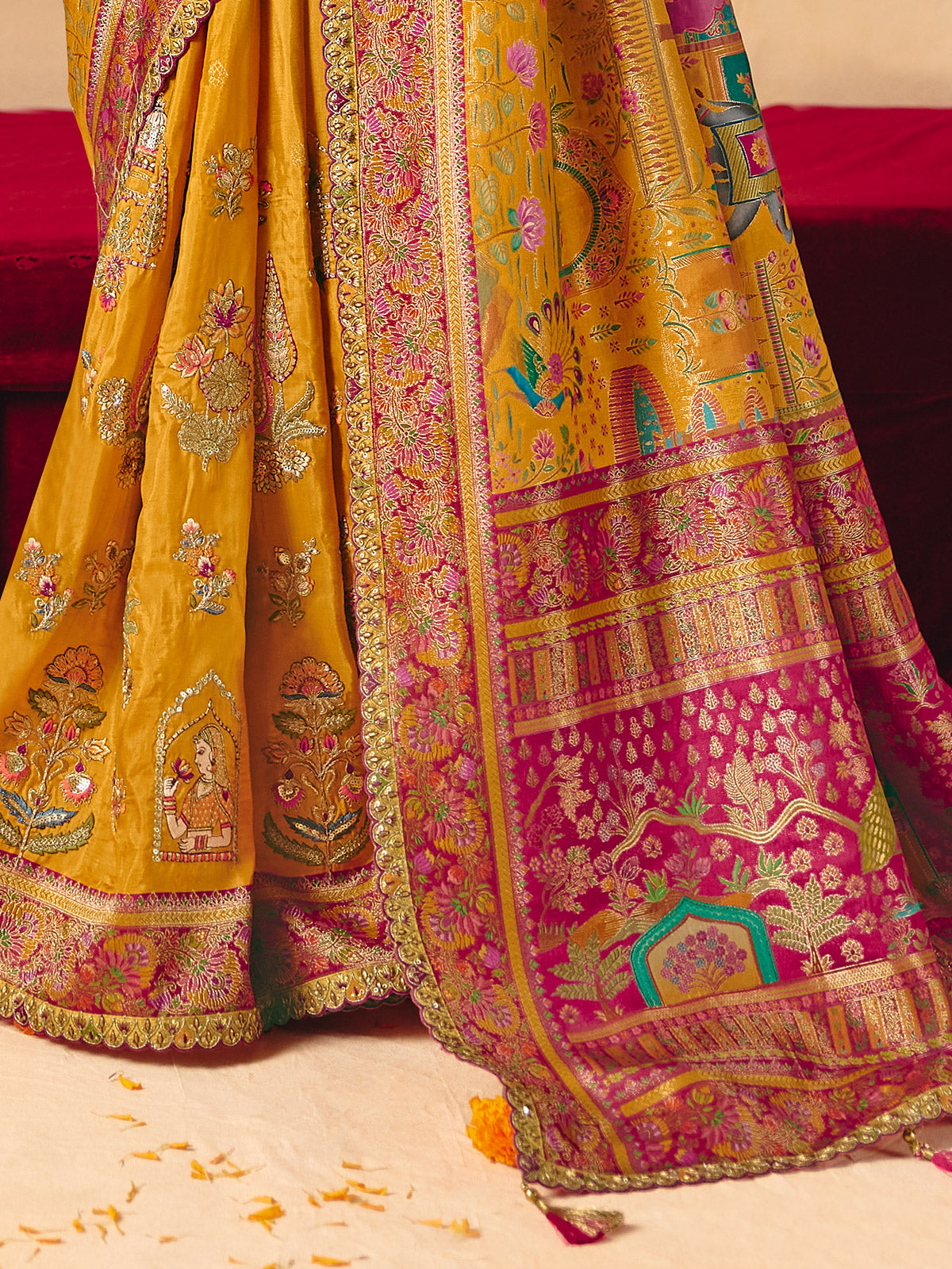 Mustard yellow lotus peacock pattern banarasi silk charm