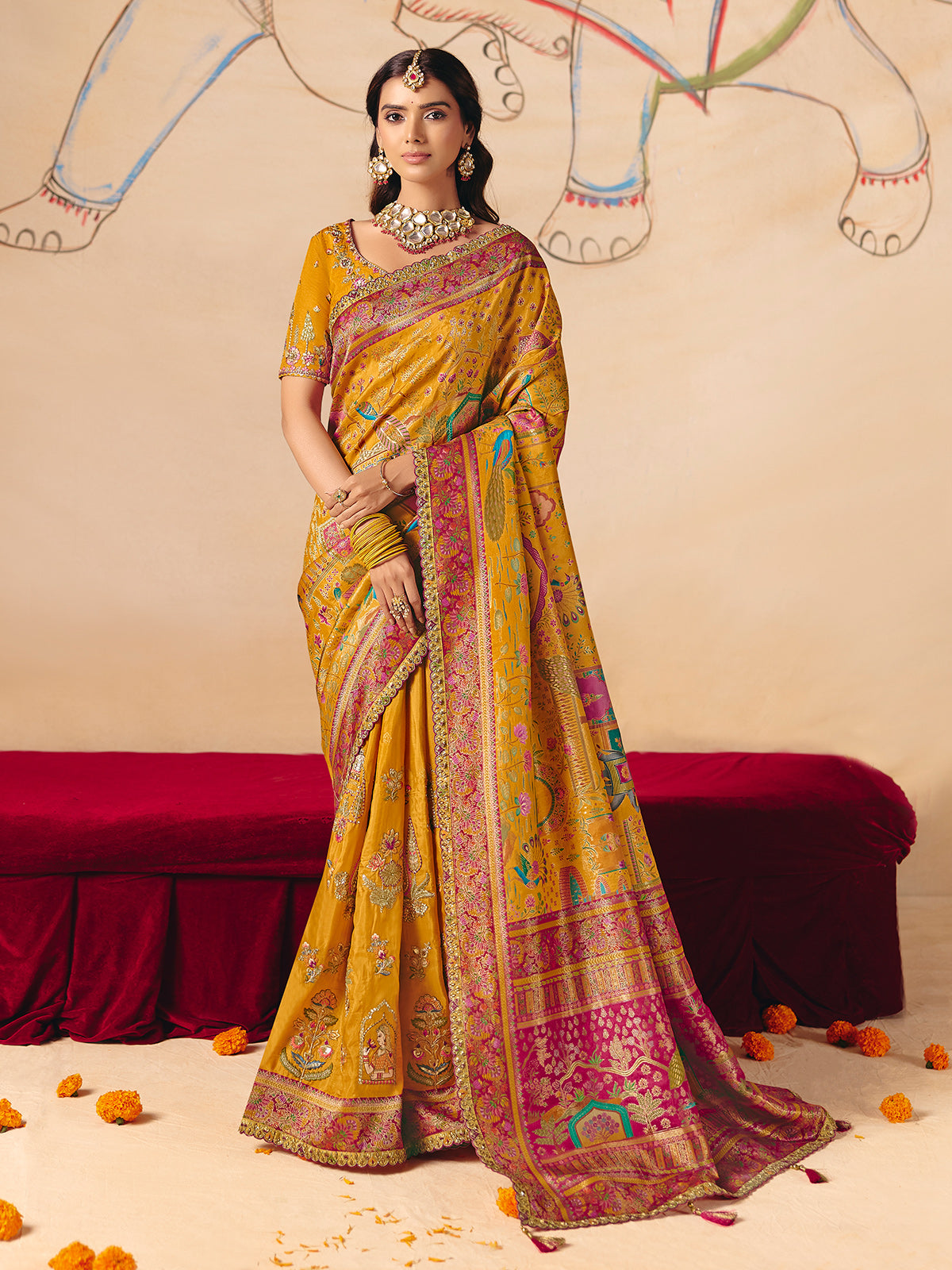 Mustard yellow lotus peacock pattern banarasi silk charm