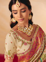 Cream lotus peacock woven design banarasi silk luxury