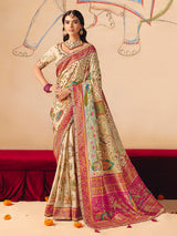 Cream lotus peacock woven design banarasi silk luxury