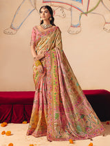 Beige soft pink shaded peacock motif banarasi silk delight