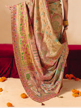 Beige soft pink shaded peacock motif banarasi silk delight