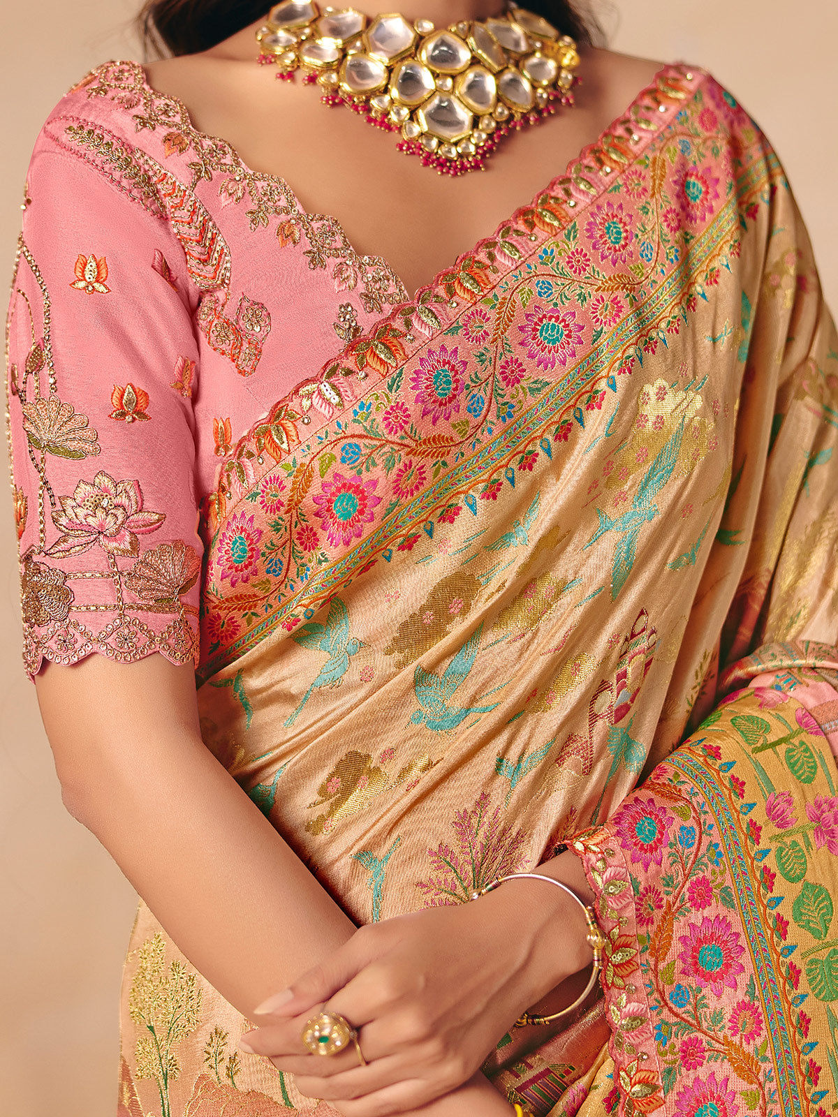 Beige soft pink shaded peacock motif banarasi silk delight