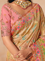 Beige soft pink shaded peacock motif banarasi silk delight