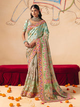 Blue white shaded peacock design banarasi silk grace