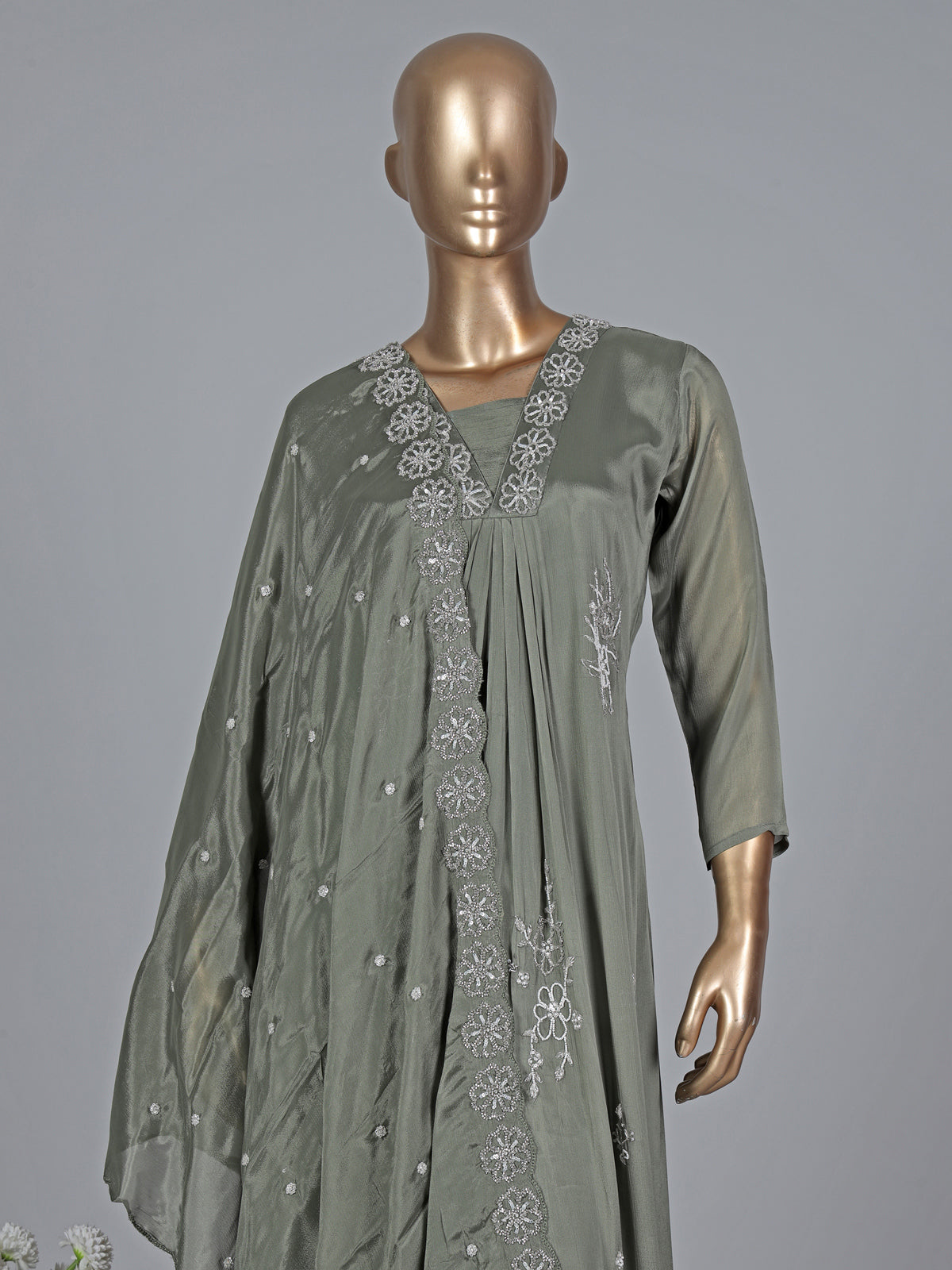 Green satin georgette silk anarkali pant salwar suit