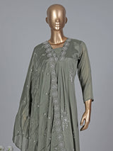 Green satin georgette silk anarkali pant salwar suit