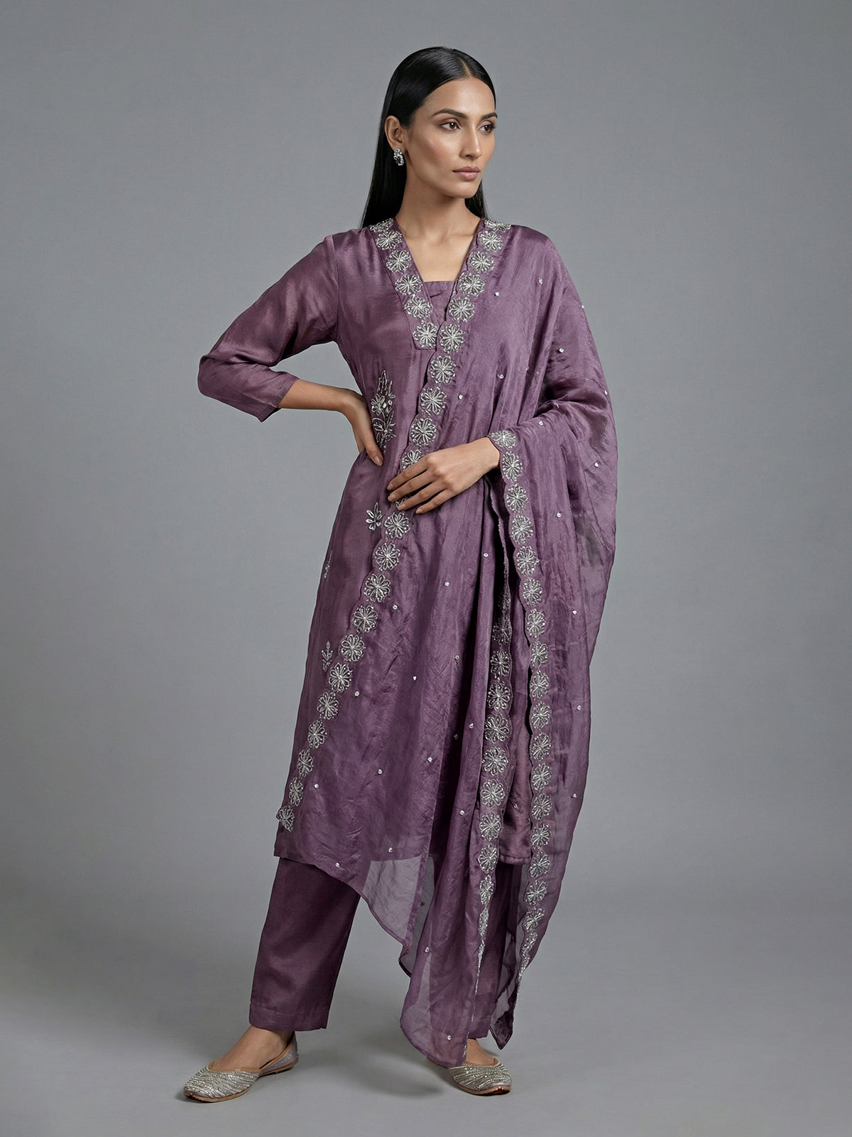 Purple satin georgette silk anarkali salwar suit