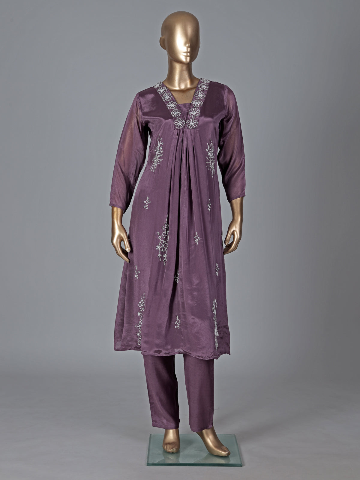 Purple satin georgette silk anarkali salwar suit