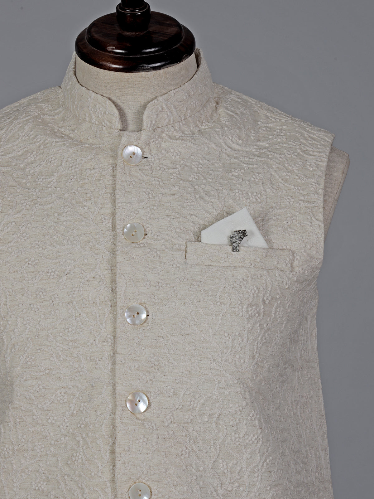 Off white cotton silk embroidered mens waistcoat