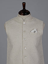 Off white cotton silk embroidered mens waistcoat