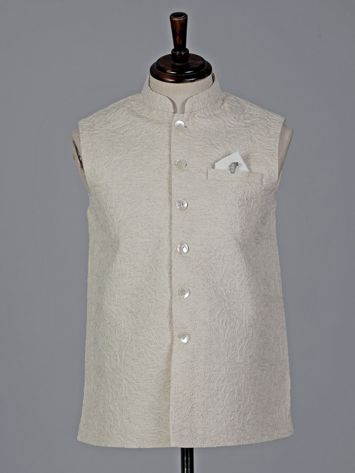 Off white cotton silk embroidered mens waistcoat