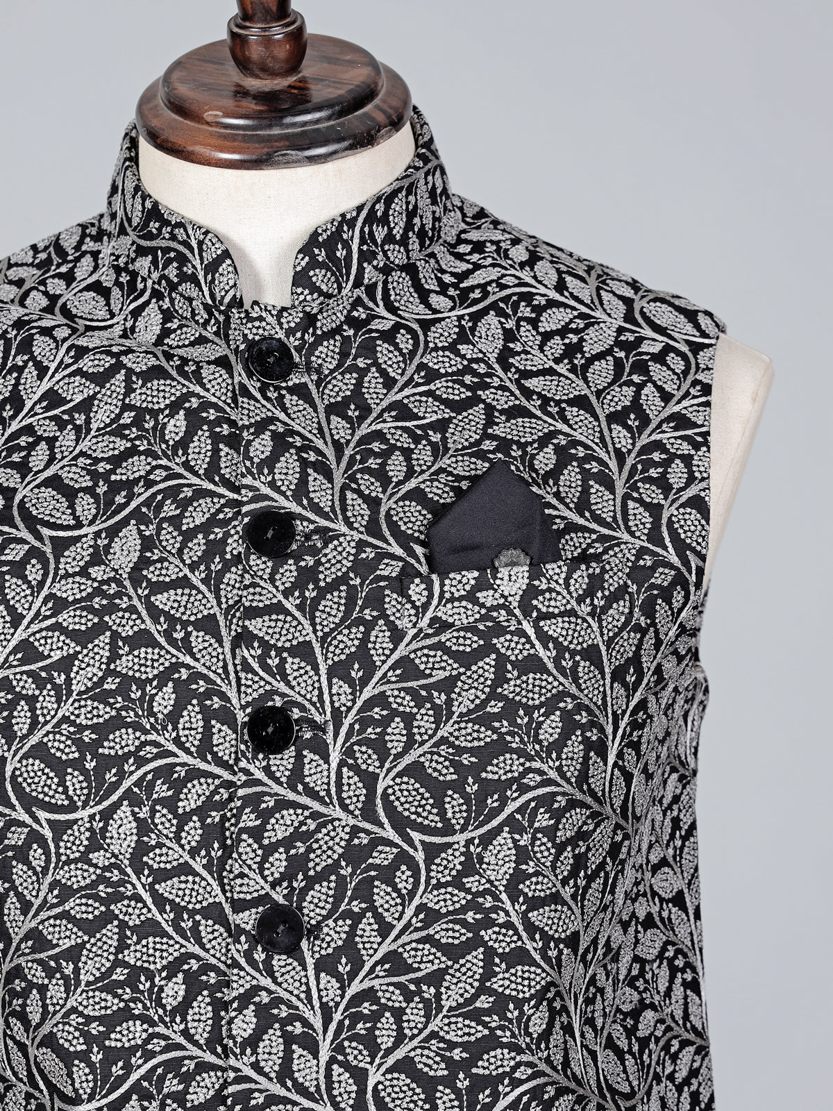 Black cotton silk embroidered waistcoat in regal finish