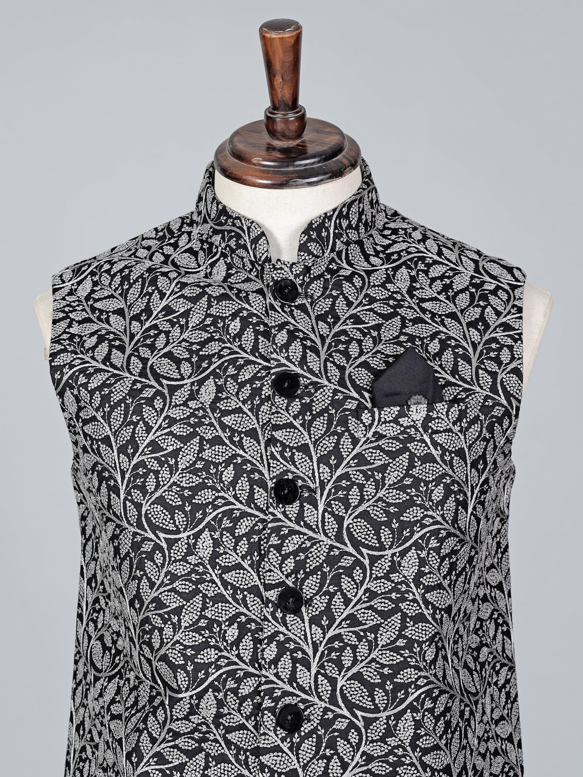 Black cotton silk embroidered waistcoat in regal finish