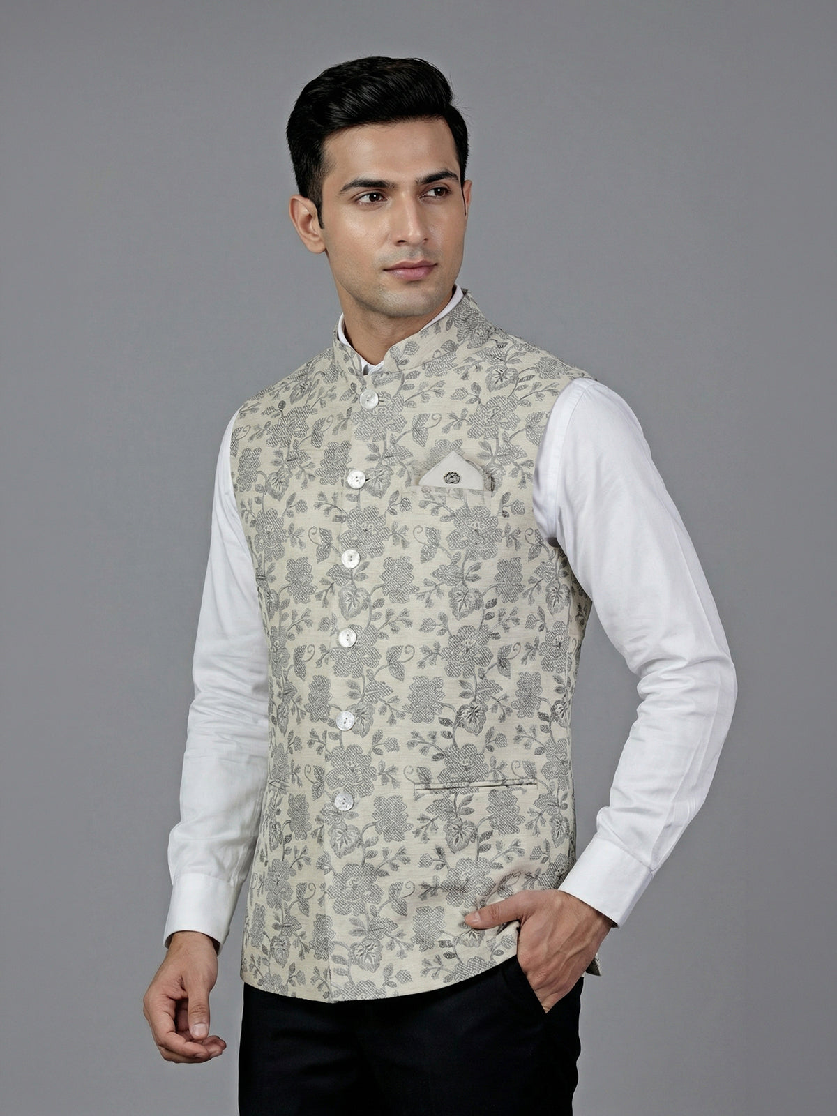 Cream cotton silk zari highlighted ethnic waistcoat