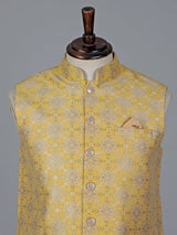 Yellow silk blend jacquard waistcoat with zari woven charm