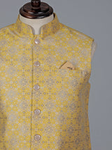 Yellow silk blend jacquard waistcoat with zari woven charm