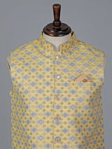 Yellow cotton silk printed waistcoat with resham detailing