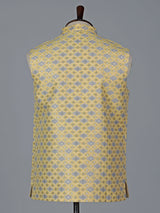 Yellow cotton silk printed waistcoat with resham detailing