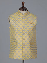 Yellow cotton silk printed waistcoat with resham detailing