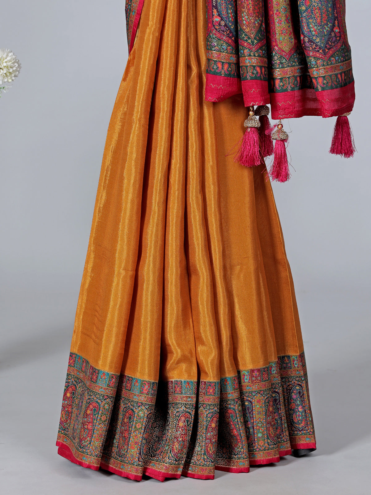Mustard yellow art pashmina silk saree showcasing timeless embroidery