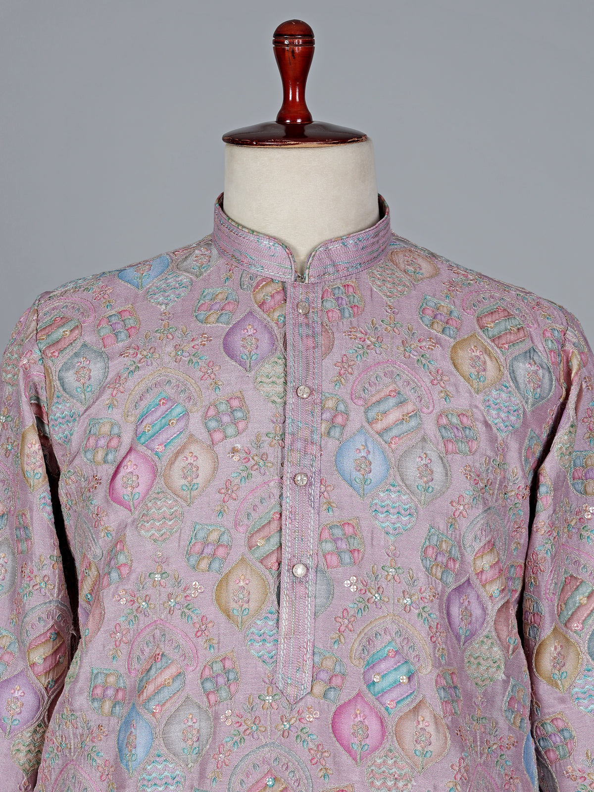 Light pink cotton silk printed kurta suit with resham and sequin work