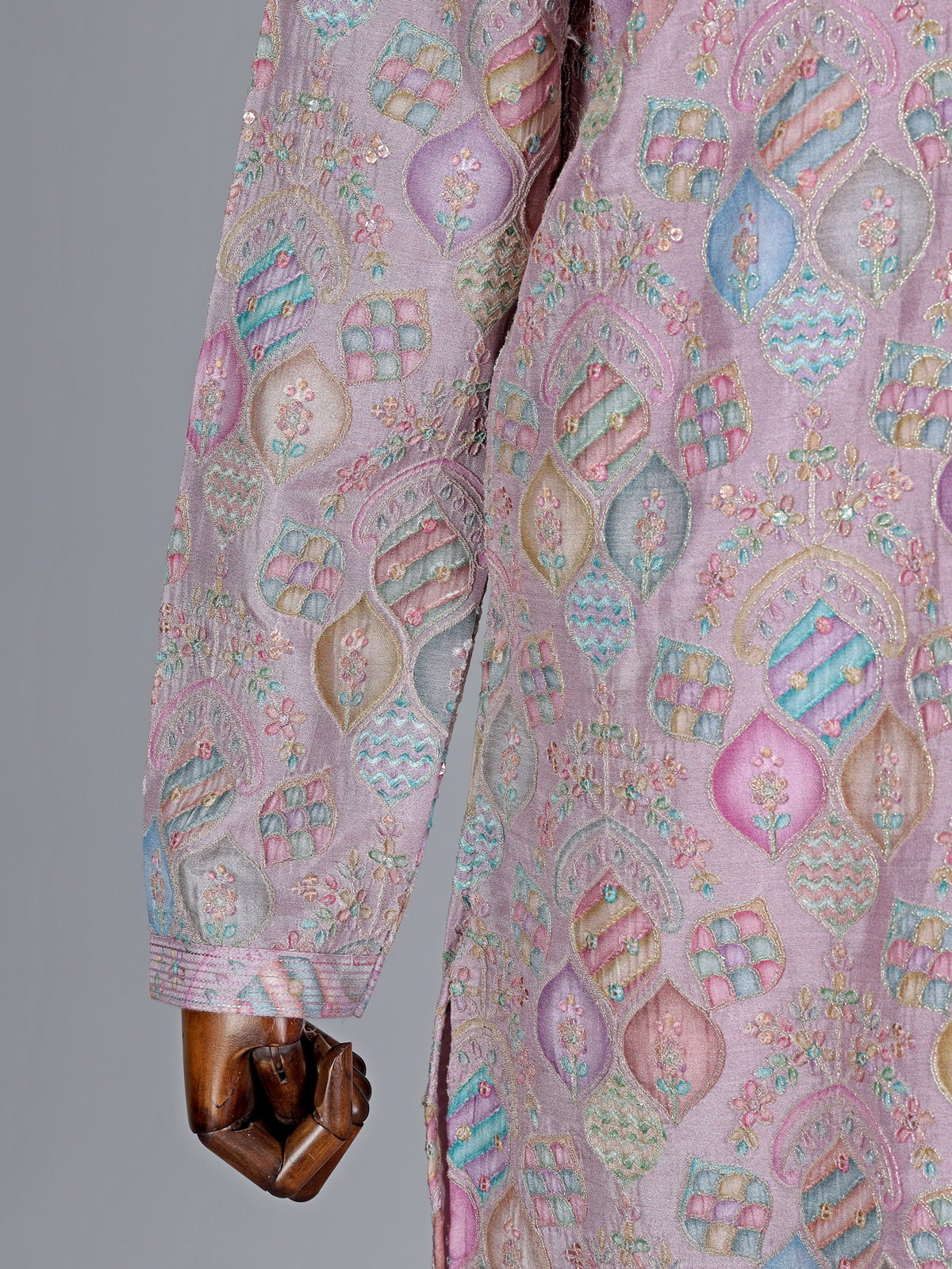 Light pink cotton silk printed kurta suit with resham and sequin work