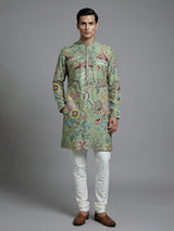 Brown cotton silk printed kurta suit with resham and sequin work