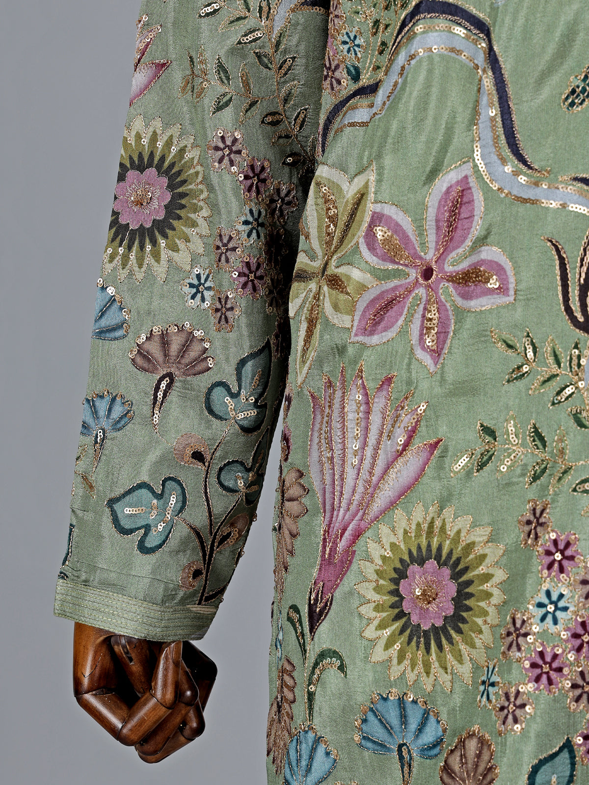 Brown cotton silk printed kurta suit with resham and sequin work