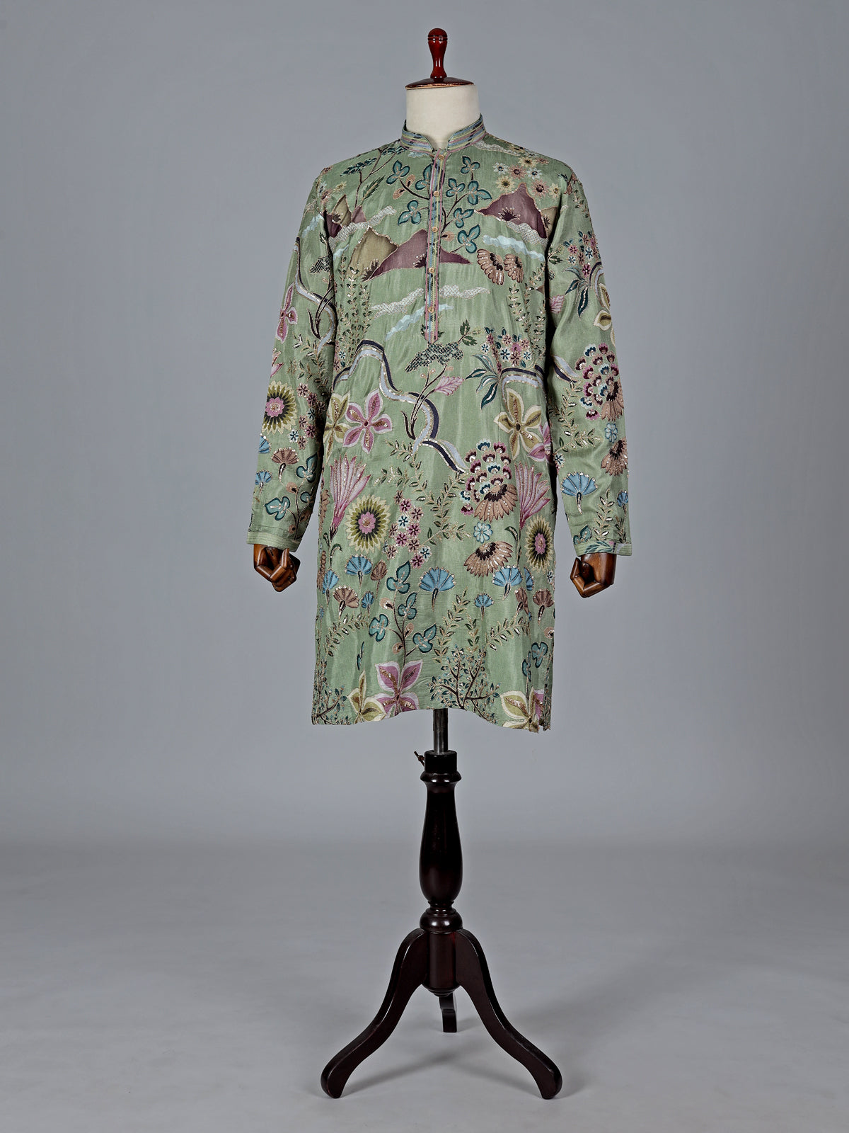 Brown cotton silk printed kurta suit with resham and sequin work