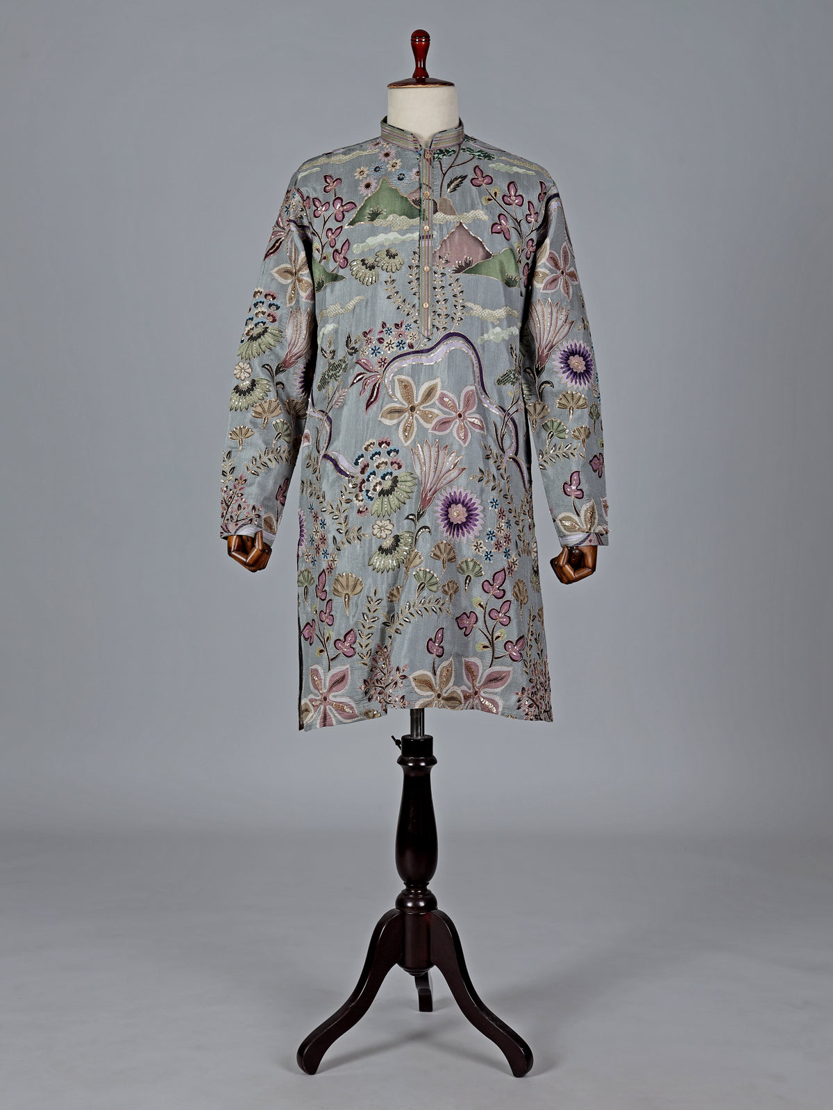 Grey cotton silk printed kurta suit with resham and sequin work
