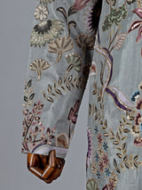 Grey cotton silk printed kurta suit with resham and sequin work