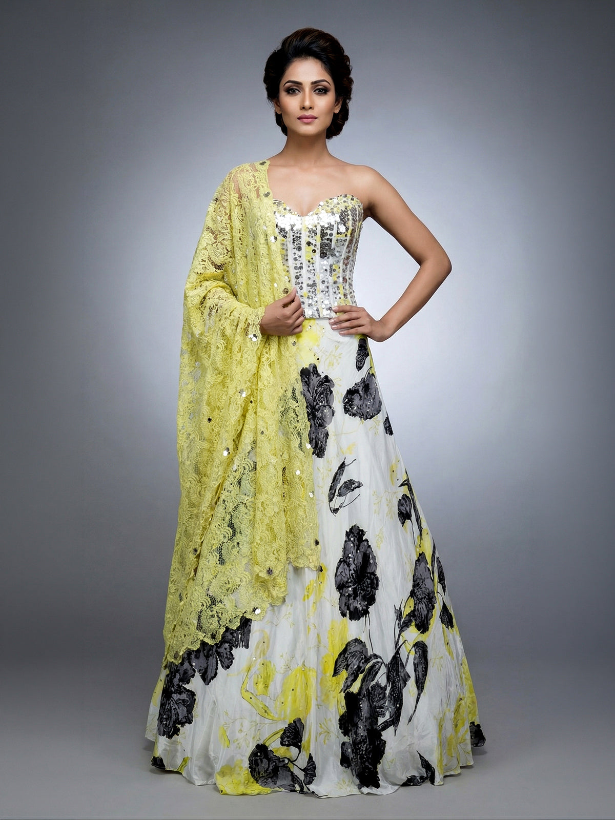 White satin silk lehenga choli with floral print