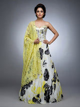 White satin silk lehenga choli with floral print